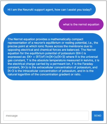 NeuroAI chatbot answering a question about the Nernst equation with a detailed explanation