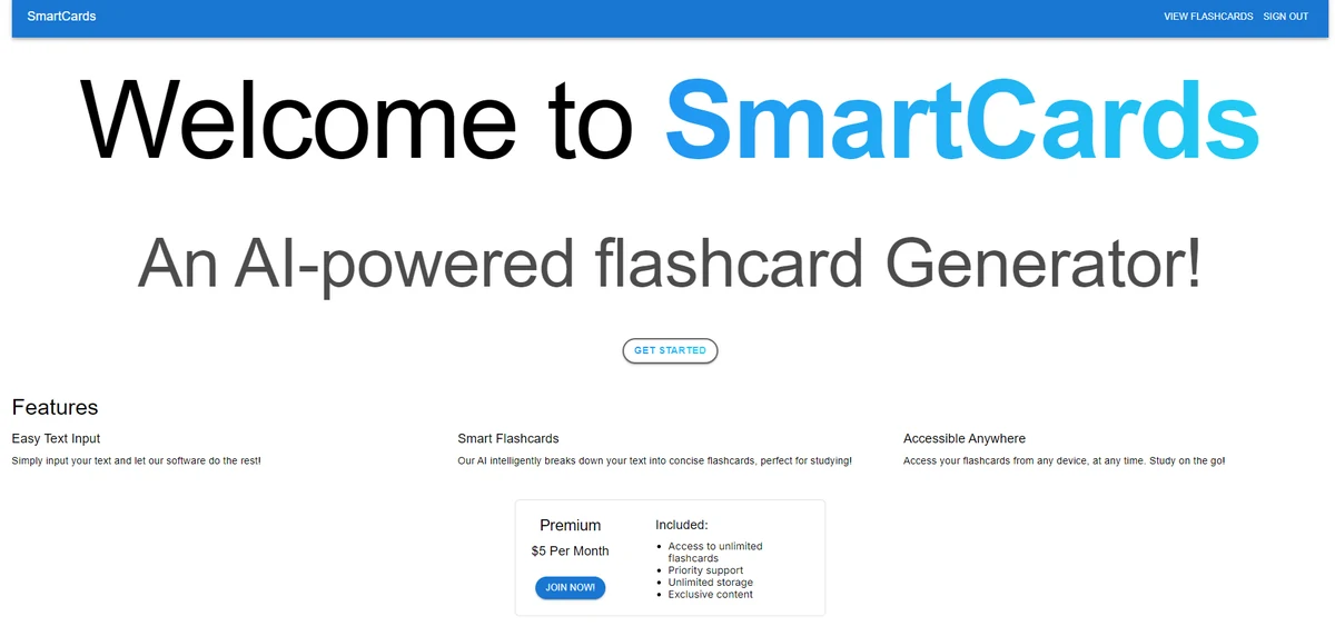 SmartCards home page: an AI-powered flashcard generator with three feature summaries