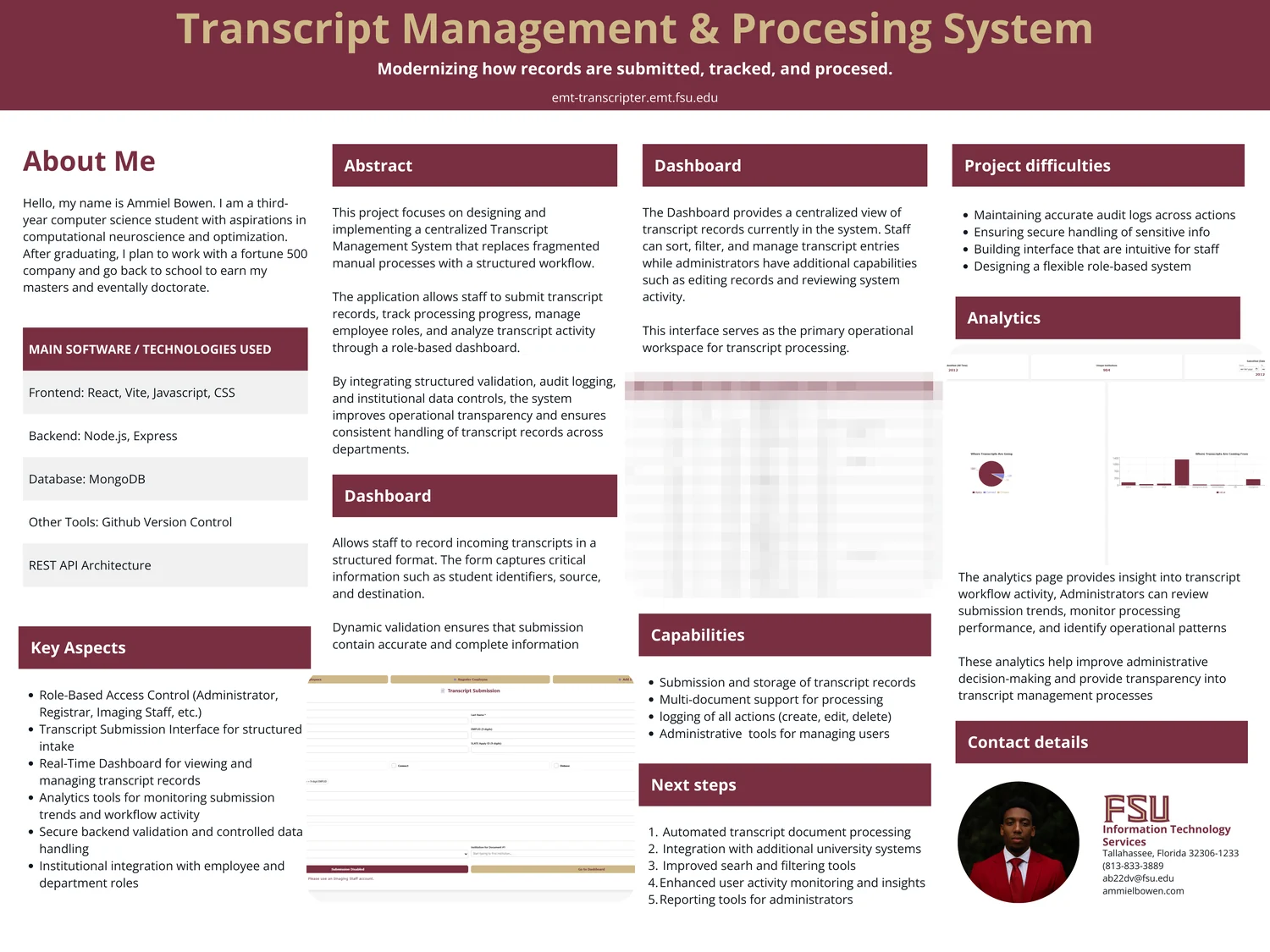 Poster titled Transcript Management and Processing System, with sections on the abstract, dashboard, analytics, key aspects, capabilities, and next steps